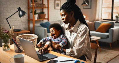DALL·E 2024-10-24 20.04.27 - A Black woman at work on her computer while holding her crying baby in one arm. The woman is sitting at a desk in a home office, typing on her laptop DALL·E 2024-10-24 20.04.27 - A Black woman at work on her computer while holding her crying baby in one arm. The woman is sitting at a desk in a home office, typing on her laptop